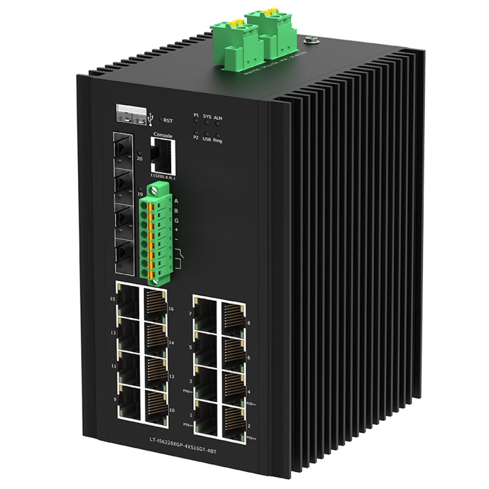 16*10/100/1000Base-T PoE + 4*1G/2.5G/10GBase-X SFP+ Layer 2+ Managed Industrial PoE++ Switch